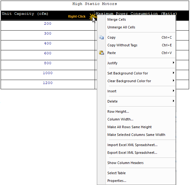 Illustration SI Editor's Formatted Table Edit Mode Right-Click Menu