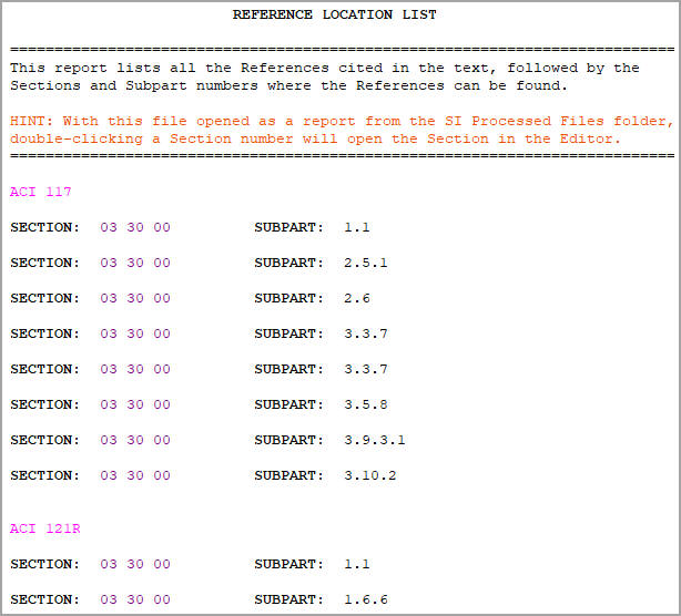 Illustration Example of SI Explorer's Reference Location List Report