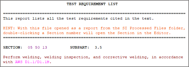 Illustration Example of SI Explorer's Test Requirements List Report
