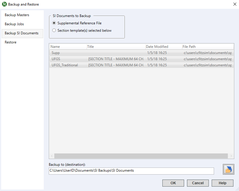 Illustration SI Explorer's File Menu - Backup and Restore:  SI Documents Tab