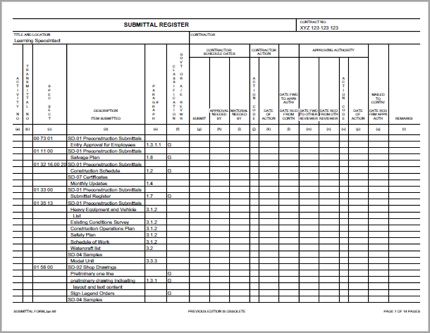 Illustration Example of SI Explorer's Submittal Register